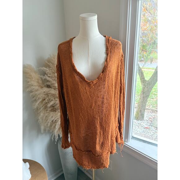 Free People Ocean Air Hacci Top Size Large Copper Orange Bohemian Long Sleeve - Picture 2 of 9